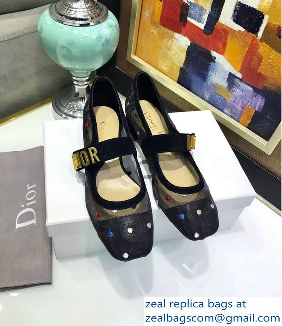 Dior Heel 3cm Baby-D Ballet Pumps Multi-colored Polka Dots Black Tulle 2019 - Click Image to Close