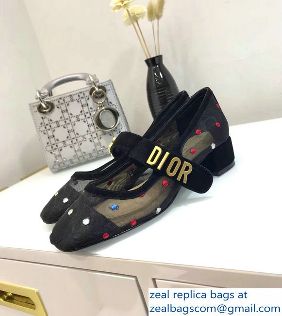 Dior Heel 3cm Baby-D Ballet Pumps Multi-colored Polka Dots Black Tulle 2019 - Click Image to Close