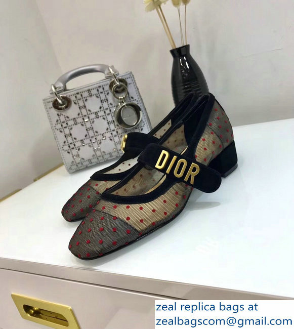 Dior Heel 3cm Baby-D Ballet Pumps Red Dotted Swiss Black Tulle 2019 - Click Image to Close