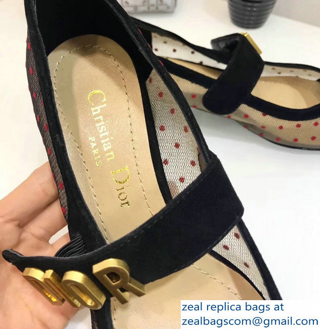 Dior Heel 3cm Baby-D Ballet Pumps Red Dotted Swiss Black Tulle 2019 - Click Image to Close