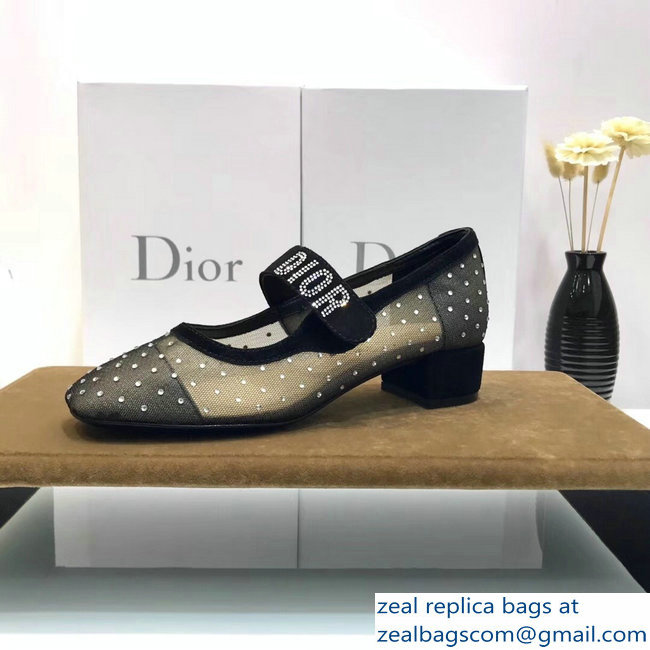 Dior Heel 3cm Baby-D Ballet Pumps Silver Dotted Swiss Black Tulle 2019 - Click Image to Close