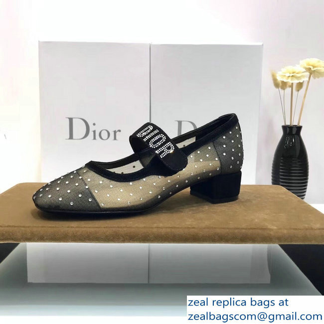 Dior Heel 3cm Baby-D Ballet Pumps Silver Dotted Swiss Black Tulle 2019