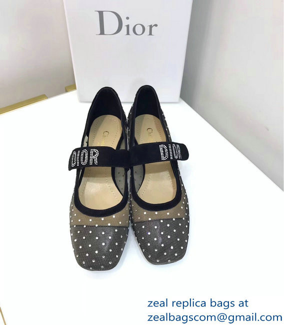 Dior Heel 3cm Baby-D Ballet Pumps Silver Dotted Swiss Black Tulle 2019 - Click Image to Close