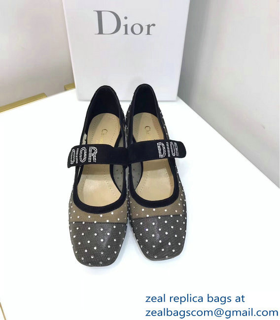 Dior Heel 3cm Baby-D Ballet Pumps Silver Dotted Swiss Black Tulle 2019