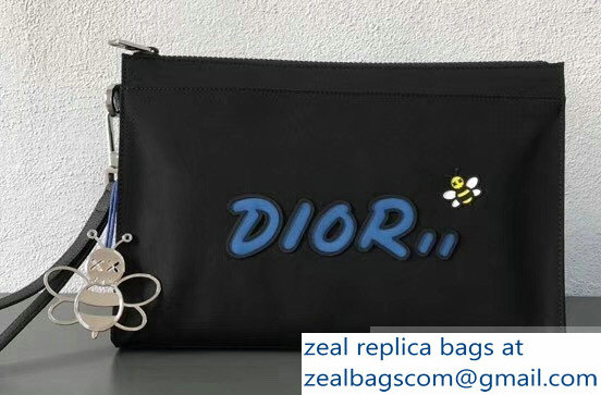 Dior Nylon Bee DIOR X KAWS Pouch Clutch Bag Black with Blue Logo 2019