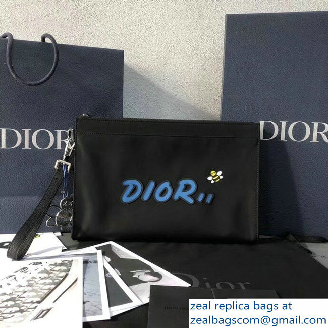 Dior Nylon Bee DIOR X KAWS Pouch Clutch Bag Black with Blue Logo 2019