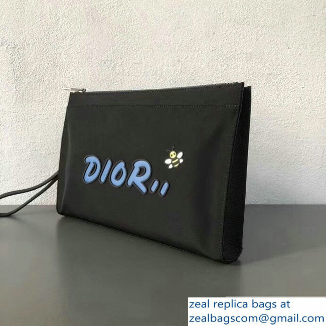 Dior Nylon Bee DIOR X KAWS Pouch Clutch Bag Black with Blue Logo 2019