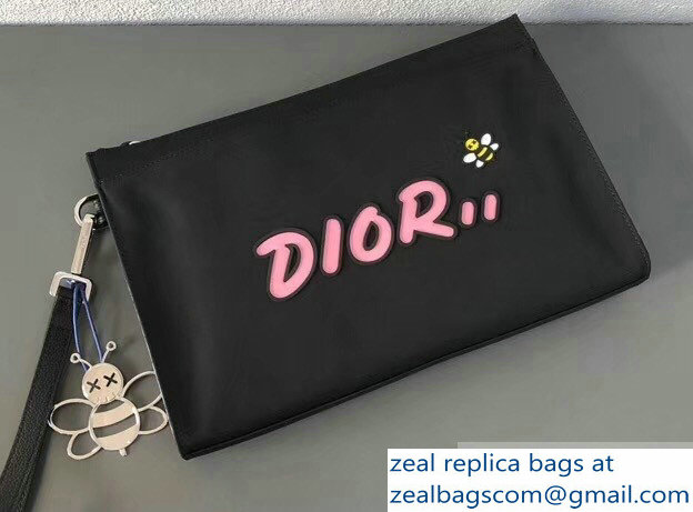Dior Nylon Bee DIOR X KAWS Pouch Clutch Bag Black with Pink Logo 2019