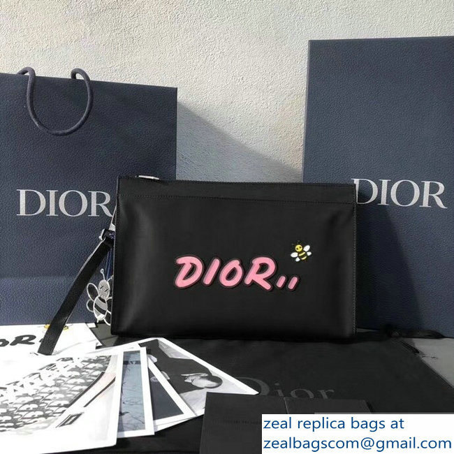 Dior Nylon Bee DIOR X KAWS Pouch Clutch Bag Black with Pink Logo 2019 - Click Image to Close