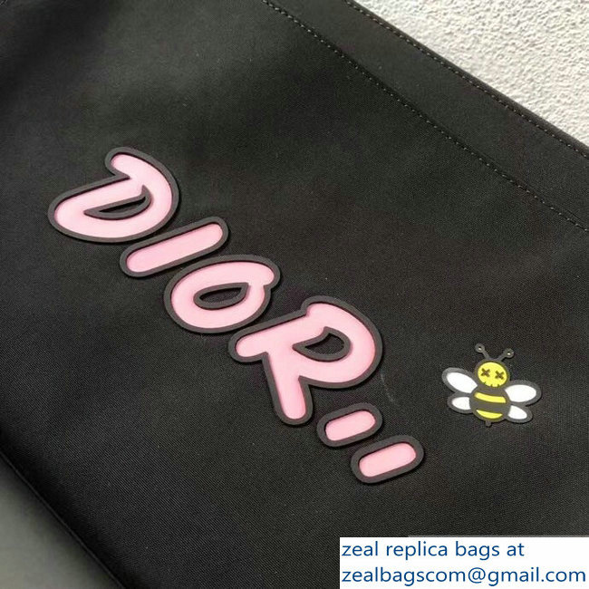 Dior Nylon Bee DIOR X KAWS Pouch Clutch Bag Black with Pink Logo 2019
