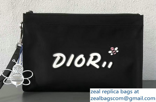 Dior Nylon Bee DIOR X KAWS Pouch Clutch Bag Black with White Logo 2019