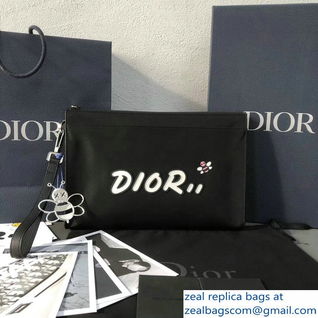 Dior Nylon Bee DIOR X KAWS Pouch Clutch Bag Black with White Logo 2019