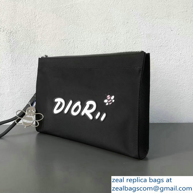 Dior Nylon Bee DIOR X KAWS Pouch Clutch Bag Black with White Logo 2019 - Click Image to Close