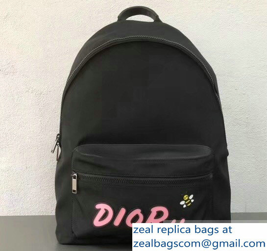 Dior Nylon Bee DIOR X KAWS Rider Backpack Bag Black with Pink Logo 2019 - Click Image to Close