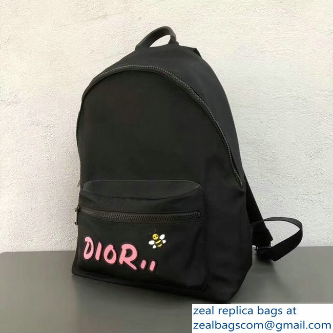 Dior Nylon Bee DIOR X KAWS Rider Backpack Bag Black with Pink Logo 2019 - Click Image to Close