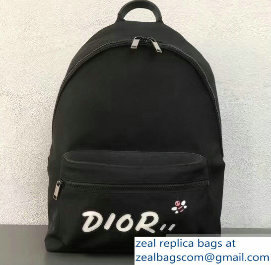 Dior Nylon Bee DIOR X KAWS Rider Backpack Bag Black with White Logo 2019 - Click Image to Close