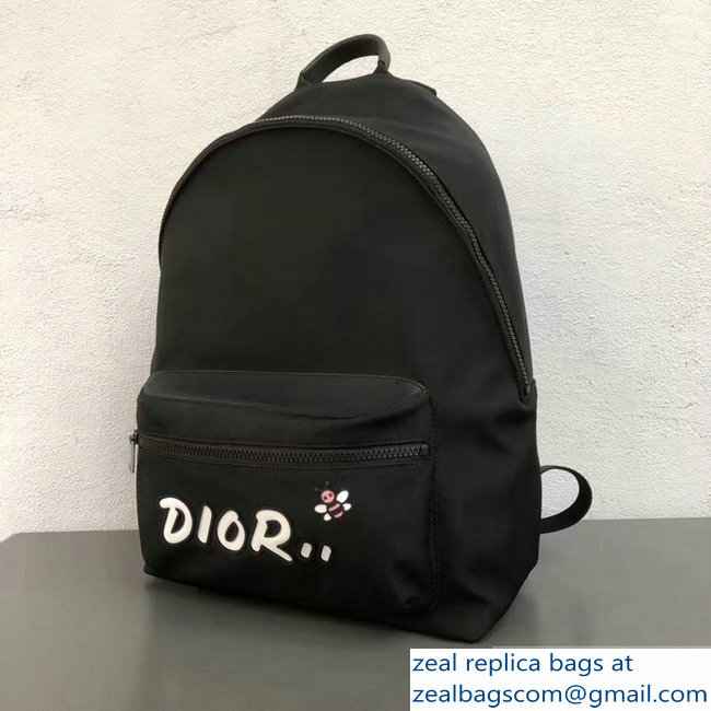 Dior Nylon Bee DIOR X KAWS Rider Backpack Bag Black with White Logo 2019 - Click Image to Close