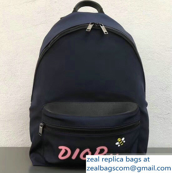 Dior Nylon Bee DIOR X KAWS Rider Backpack Bag Blue with Pink Logo 2019 - Click Image to Close