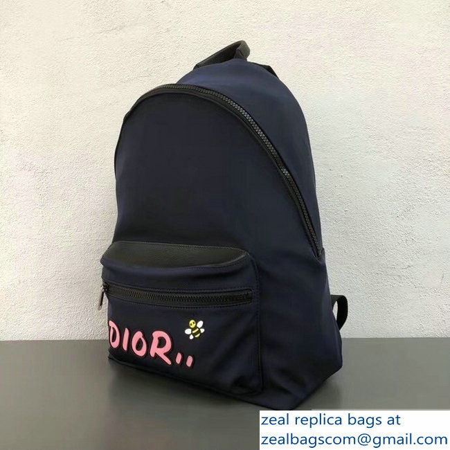 Dior Nylon Bee DIOR X KAWS Rider Backpack Bag Blue with Pink Logo 2019