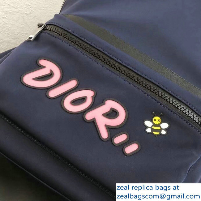 Dior Nylon Bee DIOR X KAWS Rider Backpack Bag Blue with Pink Logo 2019