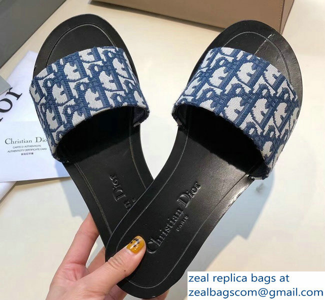 Dior Obliuqe Jacquard Canvas Dway Mules Slipper Sandals Navy Blue 2019 - Click Image to Close