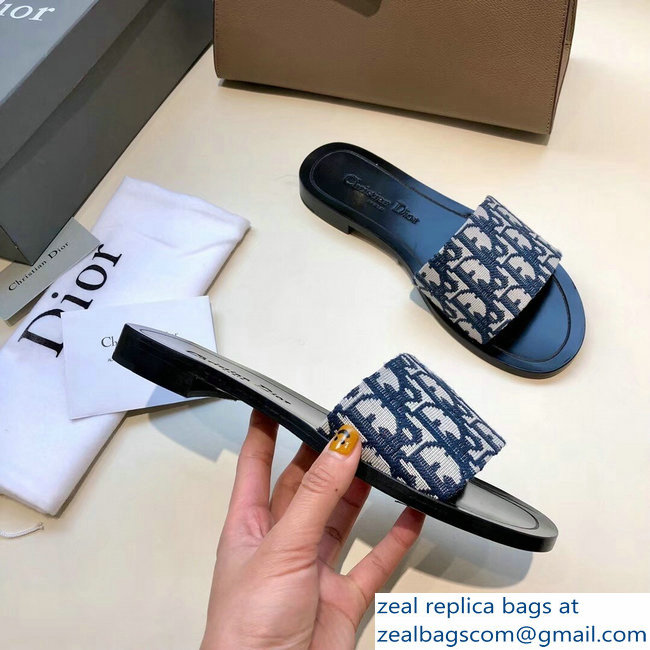 Dior Obliuqe Jacquard Canvas Dway Mules Slipper Sandals Navy Blue 2019