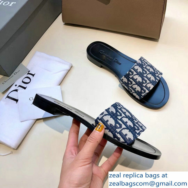 Dior Obliuqe Jacquard Canvas Dway Mules Slipper Sandals Navy Blue 2019 - Click Image to Close