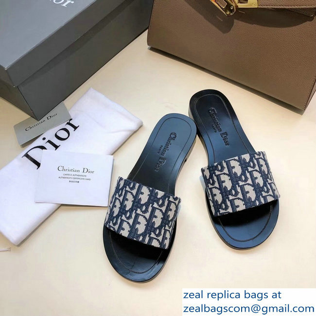 Dior Obliuqe Jacquard Canvas Dway Mules Slipper Sandals Navy Blue 2019
