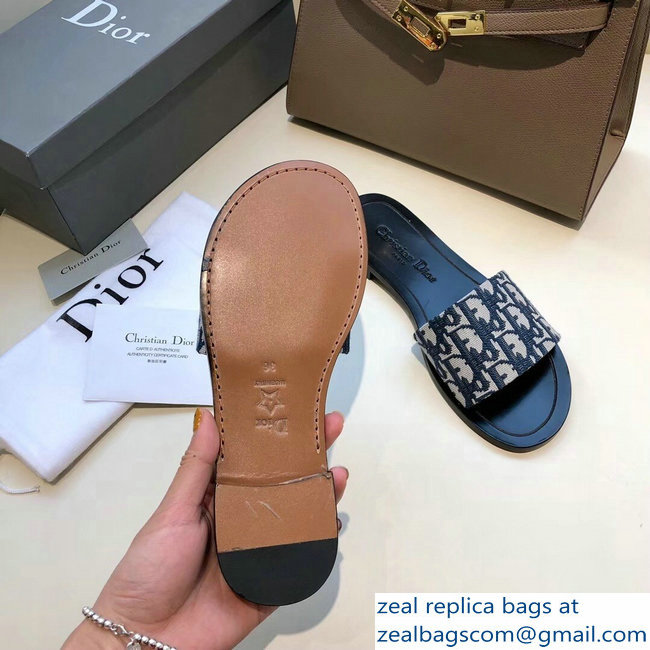 Dior Obliuqe Jacquard Canvas Dway Mules Slipper Sandals Navy Blue 2019 - Click Image to Close