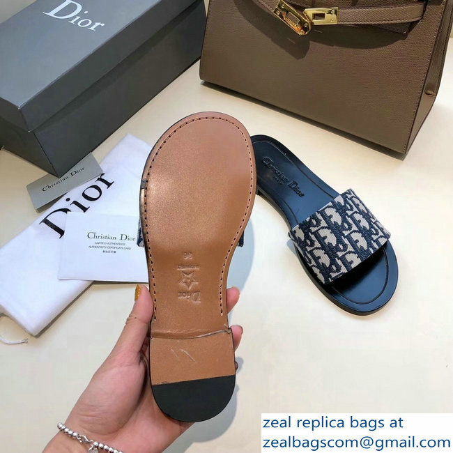 Dior Obliuqe Jacquard Canvas Dway Mules Slipper Sandals Navy Blue 2019