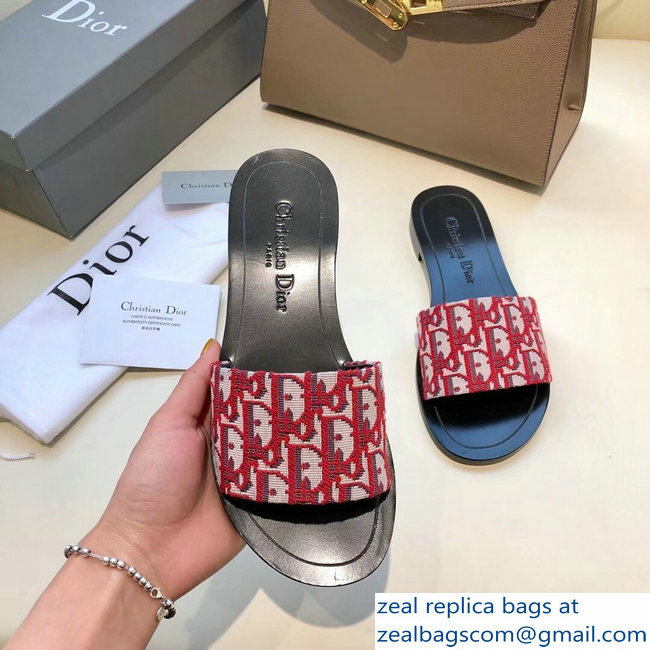 Dior Obliuqe Jacquard Canvas Dway Mules Slipper Sandals Red 2019