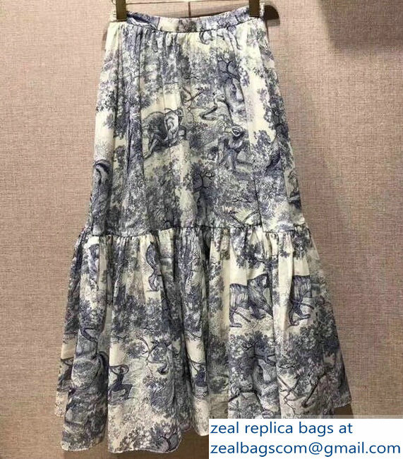Dior Toile De Jouy Print Cotton Voile Gathered Skirt Blue 2019