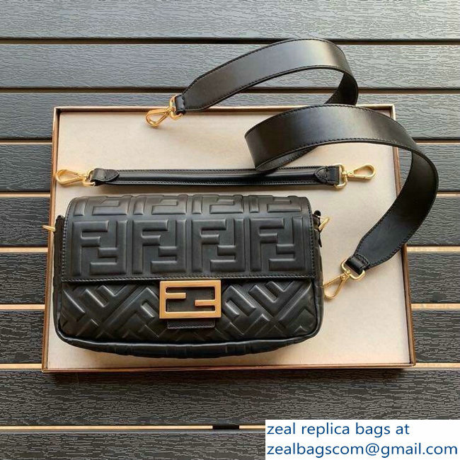 Fendi All-Over FF Motif Leather Medium Baguette Bag Black 2019