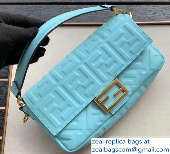 Fendi All-Over FF Motif Leather Medium Baguette Bag Pale Blue 2019