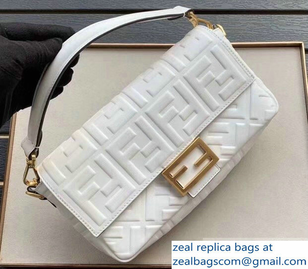 Fendi All-Over FF Motif Leather Medium Baguette Bag White 2019