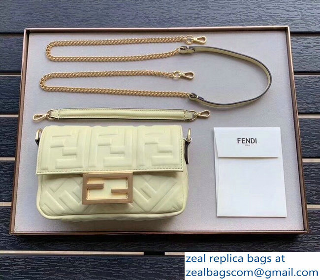 Fendi All-Over FF Motif Leather Mini Baguette Bag Pale Yellow 2019