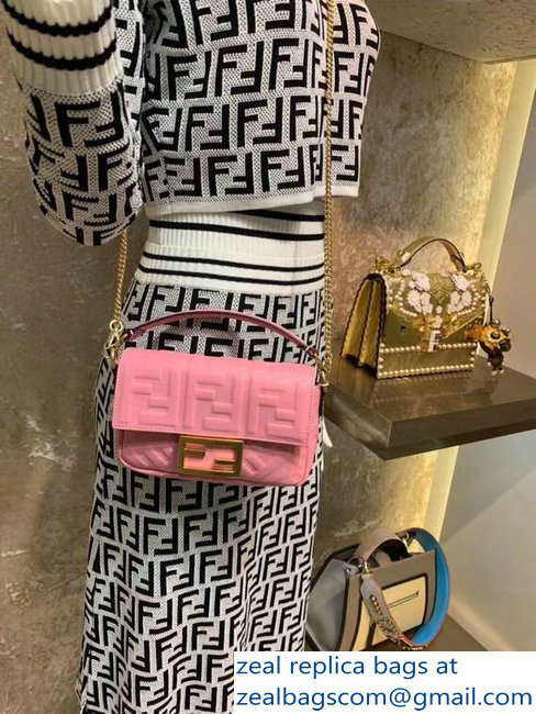 Fendi All-Over FF Motif Leather Mini Baguette Bag Pink 2019