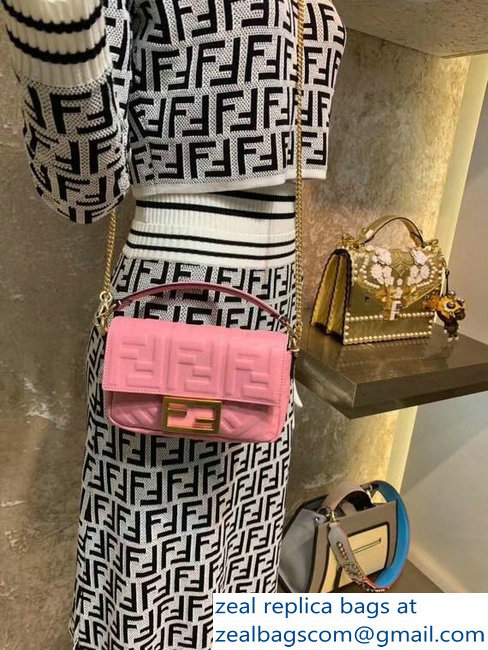 Fendi All-Over FF Motif Leather Mini Baguette Bag Pink 2019 - Click Image to Close