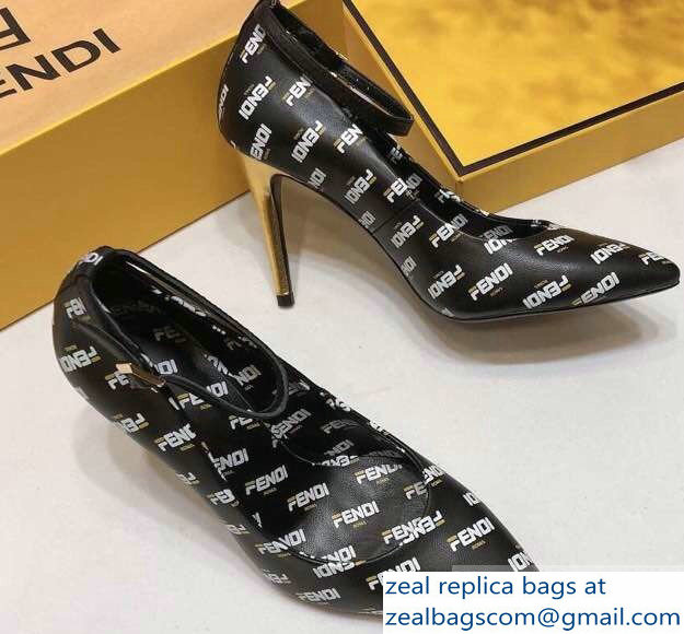 Fendi All Over Mania Logo Pumps Black with Strap 2019 - Click Image to Close