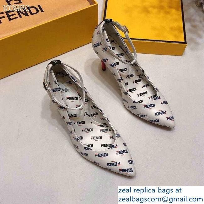 Fendi All Over Mania Logo Pumps White with Strap 2019 - Click Image to Close