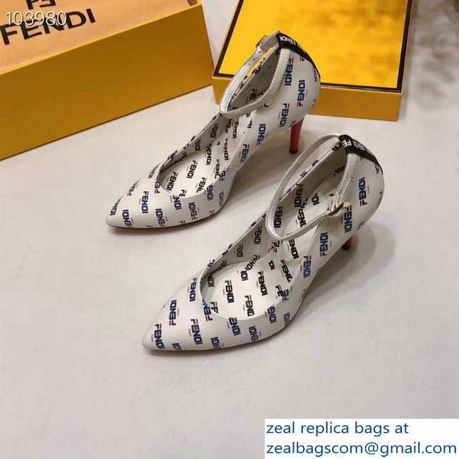 Fendi All Over Mania Logo Pumps White with Strap 2019