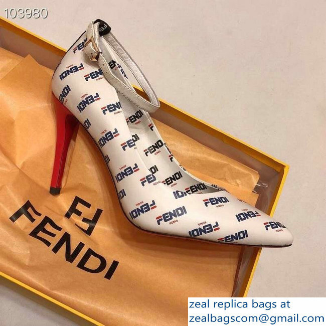 Fendi All Over Mania Logo Pumps White with Strap 2019