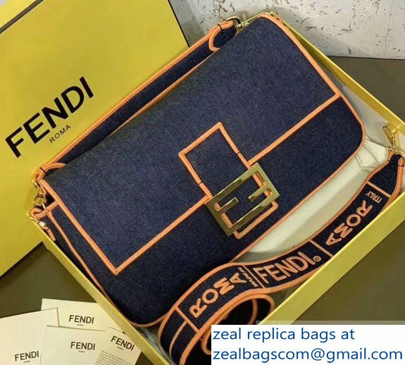 Fendi Denim Baguette Large Flap Bag Blue/Orange 2019