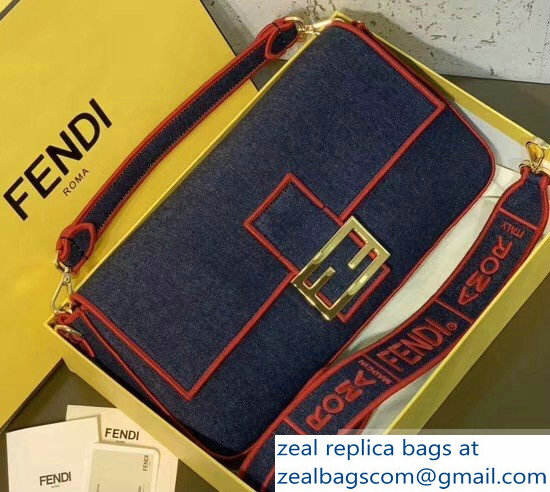 Fendi Denim Baguette Large Flap Bag Blue/Red 2019