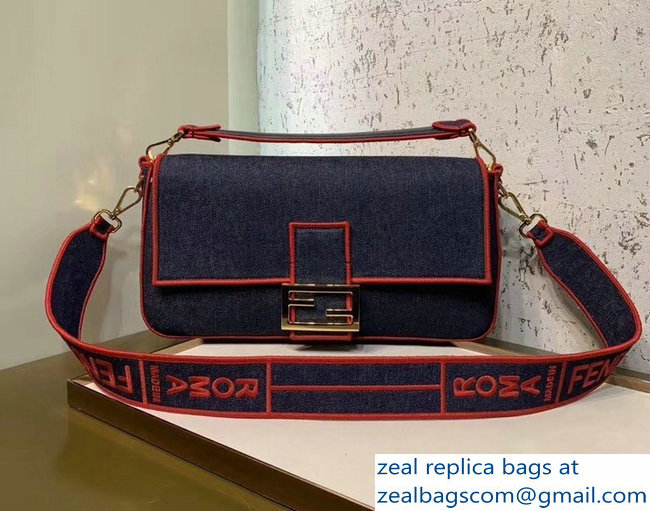 Fendi Denim Baguette Large Flap Bag Blue/Red 2019 - Click Image to Close