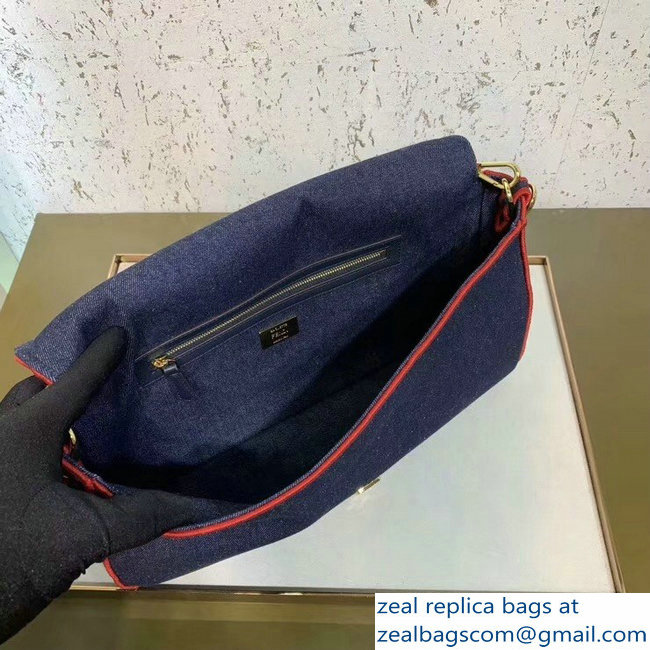 Fendi Denim Baguette Large Flap Bag Blue/Red 2019 - Click Image to Close