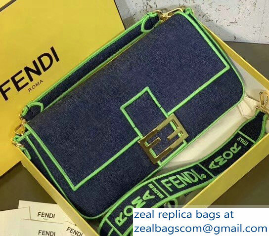 Fendi Denim Baguette Large Flap Bag Blue/Yellow 2019