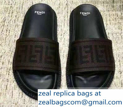 Fendi FF Logo Canvas Slides Brown 2019 - Click Image to Close