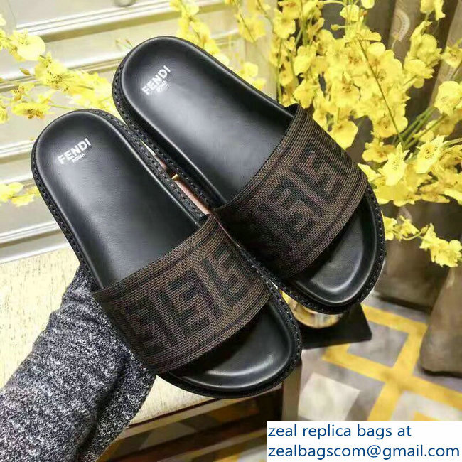 Fendi FF Logo Canvas Slides Brown 2019 - Click Image to Close