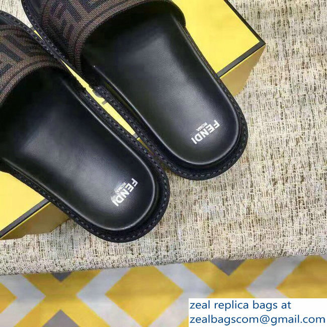 Fendi FF Logo Canvas Slides Brown 2019 - Click Image to Close